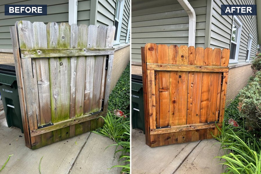 Real SOV Company before and after: a weathered wooden fence gate pressure washed back to golden wood