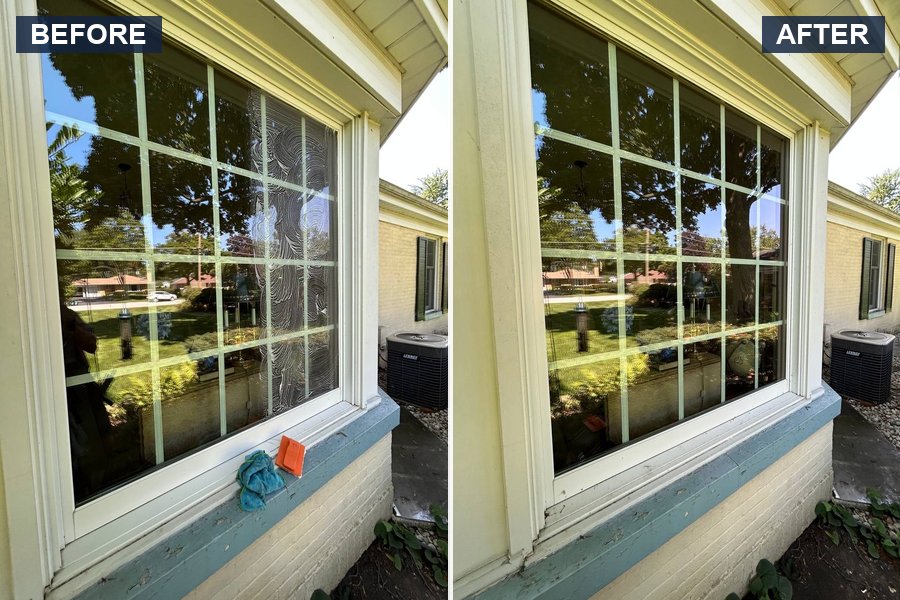 Real SOV Company before and after: a streaky window cleaned to a streak-free shine